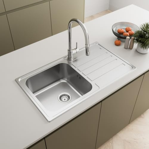 SÄUBER® 860 x 500mm Stainless Steel Kitchen Sink Single One 1.0 Bowl Inset Drop in Installation, Right Hand Drainer, 18/8 Grade Steel Sinks, Free Basket Strainer Waste