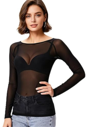 Leemiman Damen Sexy Mesh Bauchtanz Top Langarm Durchsichtig Tops