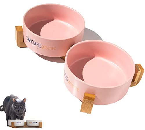 FIGARO CATS STORE - SET CIOTOLE CERAMICA E LEGNO PER GATTI: set di 2 ciotole in ceramica con stand in legno leggero, per cani o gatti (Rosa)