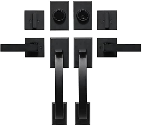 GUA OYH Door Handle Sets Double Front Door Handle Set with Handle Lever Matte Black Double Door Handleset with Dummy Heavy Duty Front Door Lock Set Double Door Handles for Front Door or Office Door