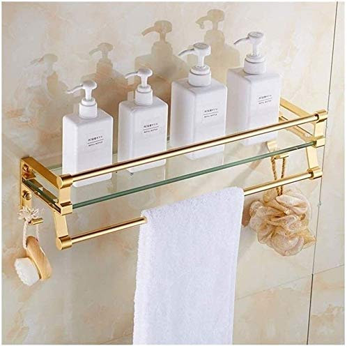 MXXHFC Badezimmerregal aus Glas, Aluminium-Duschregal mit Handtuchstange und Schiene, Wandregal aus gehärtetem Glas, Gold (Size : 40cm) (50cm)