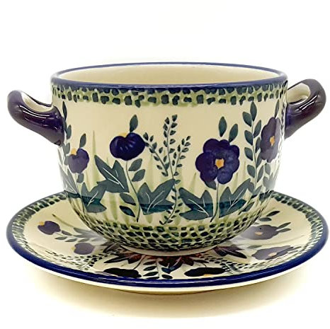 Bunzlauer Keramik Suppentasse mit Untertasse (Dekor Blaue Primel)