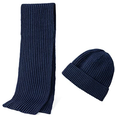 Embouro 2PCS Set di Sciarpe Beanie in Maglia di Lana Merino per Uomo e Donna, Sciarpe Lunghe Invernali Morbide e Calde con Cappello Beanie di Lana (Marina)