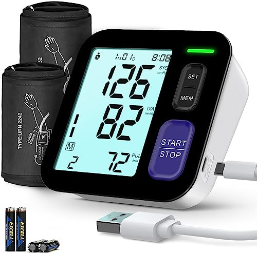 Blood Pressure Machine Upper Arm, 2 Size Cuffs Fit Arms from Medium 9-17 to Extra Large XL Cuff 13-21, Accurate Automatic Digital BP Monitor Home Use, Large Backlit LCD, BP Cuff with 2-User Mode
