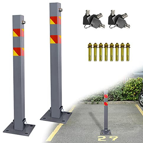 TRMLBE Barriera di Parcheggio Pieghevole Dissuasore di Parcheggio Quadrato in Acciaio per Posti Auto con 3 Chiavi con Strisce Riflettenti (2 Pezzi)