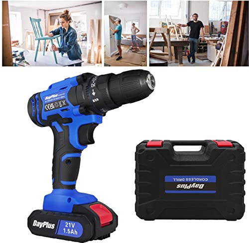Drill Drivers with LED Work Light, 21V Electric Drill 2 in 1 Drilling Machine for Home DIY Work, with 1 x 1.5 Ah 1500mAh Battery, 45Nm, 26PCS Accessories Kit, Fast Charger