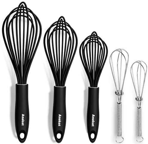 Anaeat Kitchen Whisk Set of 5, Perfect for Non-Stick Cookware, Egg Beater Milk ​Blender for Whisking, Cooking, Baking - 5+7 Mini Wire Whisk and 9''+11''+12'' Silicone Balloon Whisks (Black)