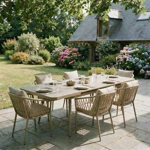 Gartenmöbel Set Sunny mit 1 ausziehbaren Esstisch und 6 Stühlen, Esstisch Gestell aus Alu in Champagner, Seilbespannung der Stühle in beige, Essgruppe inkl. Sitzkissen und Rückenpolster