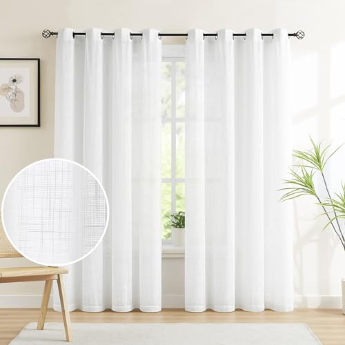 Treatmentex White Sheer Curtains for Living Room 84 inches Long Linen Textured Light Filtering Basic White Semi Sheer Window Curtain Set for Bedroom Office Wrinkle Free 54”w 2 Panels Grommet Top