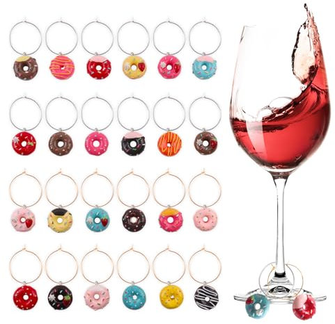 Honitra Wine Glass Charms, 24Pcs Wine Glass Markers Tags, Wine Markers for Glasses, Donut Wine Glass Markers for Drinks, Wine Glass Charms Funny, Wine Charms for Stem Glasses