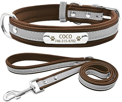 Senristar Personalisierte Neopren Gepolstert Reflektierende Hundehalsband und Leine Set, Benutzerdefinierte Gravierte Hundehalsband mit Namensschild für Kleine Mittlere Große Hunde