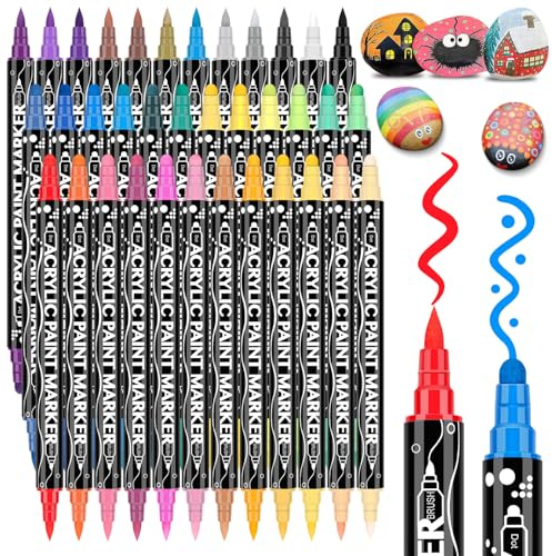 Maqhpu Steine zum Bemalen Stifte Wasserfest, 36 Farben Acrylstifte, Acrylstifte für Steine Wasserfest, Dual Tip Acrylmarker Multimarker für Holz, Glas, Keramik, Leinwand, Basteln Kinder Erwachsene