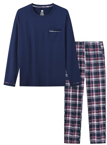 MoFiz Pijamas Largo Hombre Invierno Suave Cálido Ropa de Dormir Manga Larga Camiseta de Pijama y Pantalón de Pijama a Cuadros con Bolsillos Azul Marino EU XXL