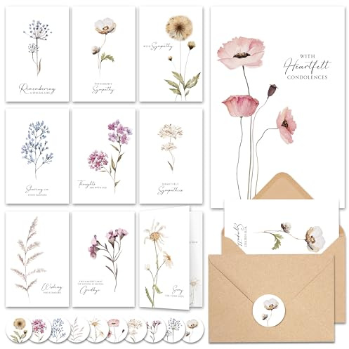 Audree 20 Pcs Sympathy Cards with Envelopes (4x6) - Bulk Condolence Cards with Thoughtful Messages with Adhesive Envelopes and Stickers - Sympathy Greeting Single Flower Watercolor