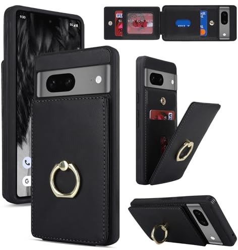Cavor Google Pixel 7 Case With Card Holder,Flip Folio Leather Wallet Case,Magnetic Ring Kickstand Shockproof Cover Phone Case for Google Pixel 7 - Black