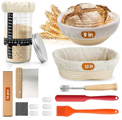 Sourdough Bread Baking Supplies 16 Pcs | Banneton Bread Proofing Basket Kit with Sourdough Starter Jar for Bread, 9 Round & 10 Oval Sourdough Proofing Baskets with Bread Making Tools Gift Set