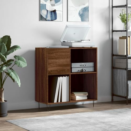 prissent Schallplattenschrank, 84,5 x 38 x 89 cm, mehrschichtig, Eiche Braun, Wohnzimmer, Schallplatten, Vinyl, CD-Regal, Bücherregal, schmal, niedrige Möbel