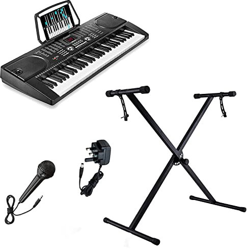 Crystals® 61 Keys Teaching Type Electronic Keyboard Digital Music Instrument Piano & Microphone with Keyboard Stand - Black (With Single Braced Stand - PK77)