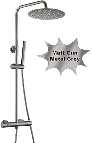 Görbach Columna de Ducha con Rubinetto Termostatico, sistema de ducha de acero inoxidable, grifo mezclador termostático, alcachofa de mano, barra de ducha, Cabezal de ducha D25cm Gris bronce cepillado