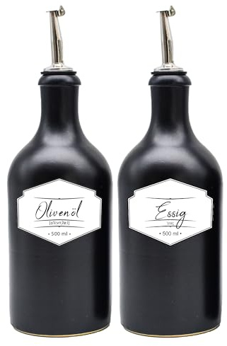 Essig & Öl Spender mit Edelstahl-Ausgießer, Korken - wasserfeste Etiketten 2er Set - 500ml - ideal zum Verschenken - Made in Germany (Variante 2)
