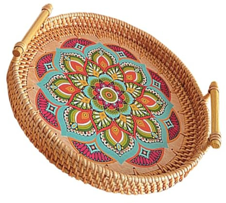 TOPBATHY Rattan Breakfast Tray Seagrass Trays for Eating Lap Picnic Serving Plate