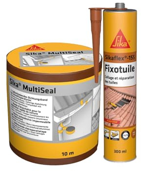 SIKA - Bande d'étanchéité autocollante - Résistant à la déchirure - Multisupports - Terre Cuite - 150mm x 10m + Mastic pour collage et réparation des tuiles - Mastic PU - Terre cuite - 300ml