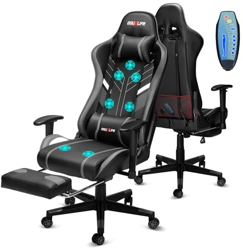Douxlife Gaming Stuhl, mit 7 Punkt Massage, Fußstütze, Ergonomischer Bürostuhl, 90-175° Rückenlehne Einstellbar, Verstellbare 2D Armlehne, PC Gamer Stuhl Schreibtischstuh, 150-180KG, Grau | PC Gamer Schreibtischstuhl, 90-175° verstellbare Rückenlehne, 2D Armlehnen, Fu?stütze, belastbar bis 180kg, Grau