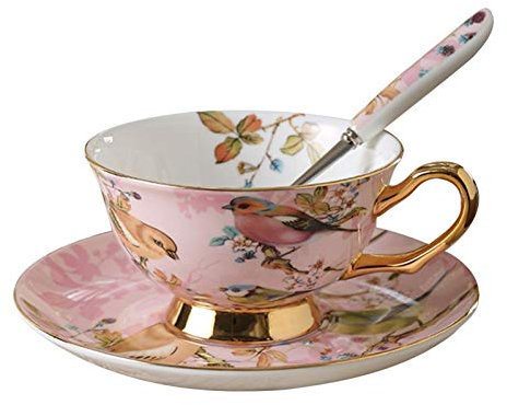 Generic Tazza Di Porcellana e Piattino con Cucchiaio 8.5Oz Tazza Di Caffè Floreale Tazza Di Tè Set con Rifinitura D'Oro Fine Dining e Tavolo Decor Tazza da Tè/D/250Ml