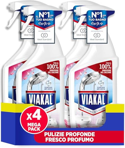 Viakal Spray Anticalcare, Confezione da 4 x 720ml, Fragranza Fresco Profumo, Tecnologia Anti-Goccia, Elimina Fino Al 100% Di Calcare e Residui di Sapone, Con Segnalibro Viakal