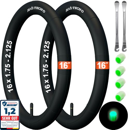 Camera d’aria per bicicletta, 16 pollici, valvola auto, 32 mm, 16 x 1,75–2.125 (47/62-305), set da 16 pollici per bici bambino, bicicletta, passeggino e rimorchio