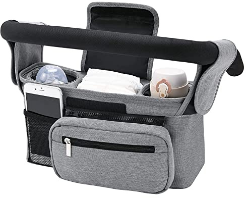 Baby Pram Bag Stroller, Baby Stroller Organizer Bag, Pram Bag with Detachable Phone Case & Shoulder Strap, 2 Insulated Cup Holders, Universal Pushchair Organiser, Non-Slip (Grey)
