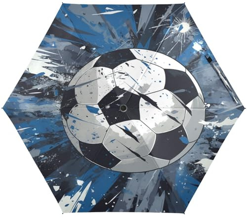 LINNIKEEEE Blauer Fußball Kleiner Leichter Regenschirm,Winddicht Faltbar Kompakt für Jungen und Mädchen