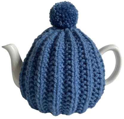 Denim Blue Hand Knitted Tea Cosy Cover, Fits 4-6 Cup Teapot