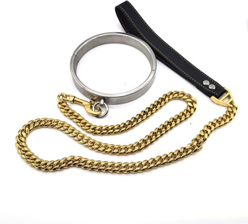 Soarvlorfy Edelstahl Abschließbar Kragen Halsreif mit 100 cm Lang Gold Traktionskette Slave BDSM Fesseln Halsbänder Cosplay Rollenspiel Fetisch Bondage-Set für Paare, Frauen Männer,Silber,Ø 13.6cm