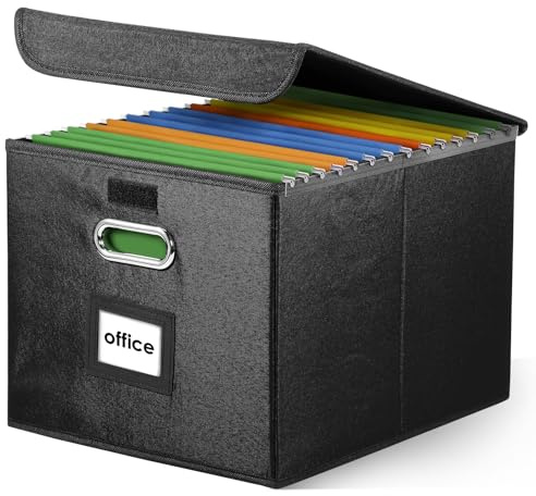 Fyeme Portable File Organiser Box with Lid Foldable Fabric Hanging Filing Storage Box with Plastic Slide Home/Office Filing System for File and Folder Storage Suspension File Box Filing Box (black)