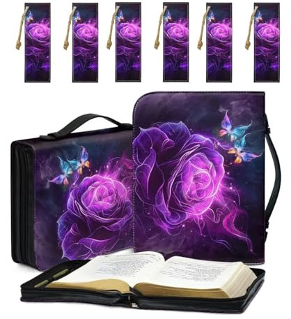 COEQINE Violette Schmetterling-Bibelhülle, 7er-Set, Leder-Bibeltragetasche für Damen, Größe 2XL, große Kapazität, Bibelhalter, Riemen, Bibelhülle, Geschenke