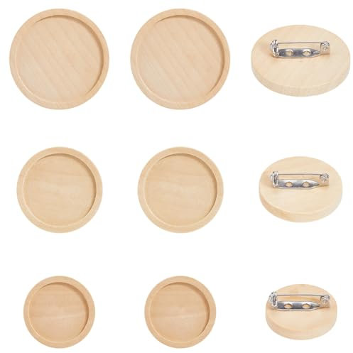 SUNNYCLUE 24Pcs 3 Sizes Pin Brooch Cabochon Wooden Cabochon Blanks Bulk Natural Wood Basic Flat Round Frame Tray Lapel Brooches Settings with Stainless Steel Safety Pins for Jewellery Making DIY Craft