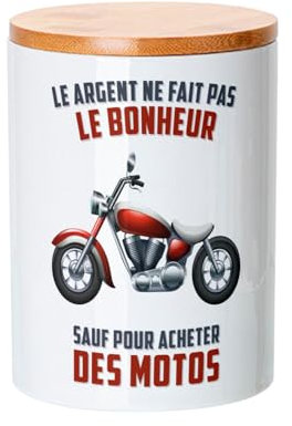 Keramiktopf mit Bambus-Deckel - Motorrad - Geld Macht Kein Glück Beecane Reisen - 739 ml (25 oz) - Topf