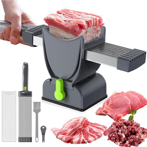 Meat Slicer Machine for Home, Stainless Steel Meat Cleaver, 2-4 mm Adjustable Thickness Fresh Meat Cutter Food Slicer with Sharpener, 2 x Cleaning Brushes, Dishwasher Safe, for Beef Pork Gray