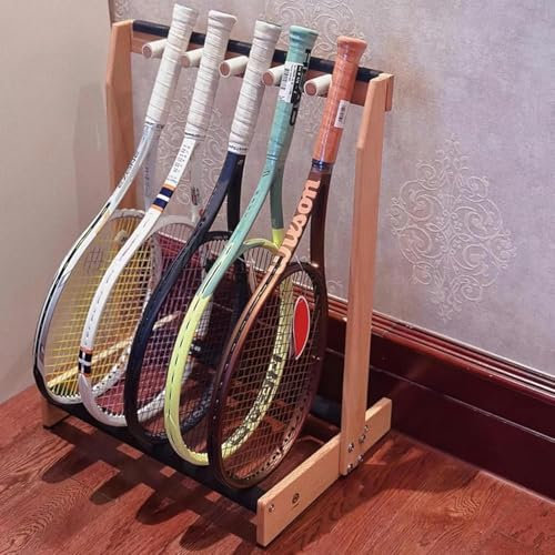 XDRGOOIUY Platzsparender Tennisschlägerständer aus Holz, für 6 Schläger, gepolsterter Präsentationsständer für Gitarre und Bass, Aufbewahrungshalter für Badmintonschläger, einfach zu montieren