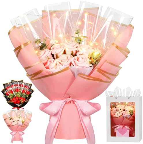 Zeyune Geldstrauß-Set zum Schulabschluss, mit Geschenkbox und LED-Lichterkette, künstlicher Rosenstrauß zum Selbermachen, für Damen und Herren, Geburtstag, Jahrestag, Hochzeit, Weihnachten, Party