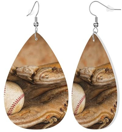 Damen-Ohrringe aus Leder, Wassertropfen-Ohrringe, Vintage-Stil, Baseballschläger-Handschuh, rustikaler Holzschmuck, Geschenk für Partys, Feiertage, Einheitsgröße, Leder