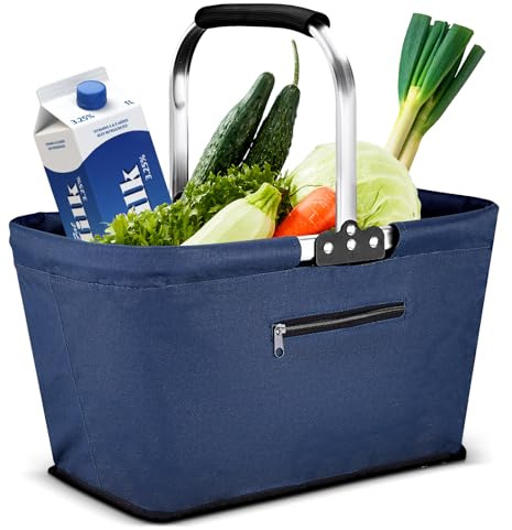 Yeabett 30L Faltbar Einkaufskorb, Picknickkorb Tragekorb Groß Familie Einkaufstasche Praktischer Einkaufen Korb mit Gepolsterten Griffen für Reisen, Picknick, Einkaufen, Geschenke(Blau)