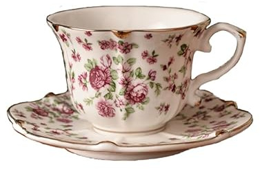 FUENYEJIA Taza de café de cerámica de porcelana inglesa de 200 ml, juego de taza de té y platillo con patrón de estilo europeo, taza de té de la tarde con adornos dorados de lujo retro (rosa roja)