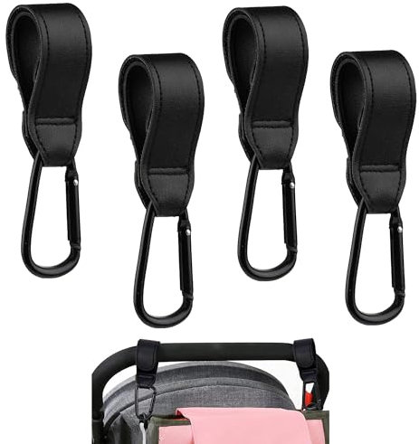 4 Stück Kinderwagen Haken für Taschen, Kinderwagen clips, Universelle Anhänger für Kinderwagen, Kinderwagen Haken für Wickeltaschen, Klettverschluss Kinderwagen Haken (Schwarz)