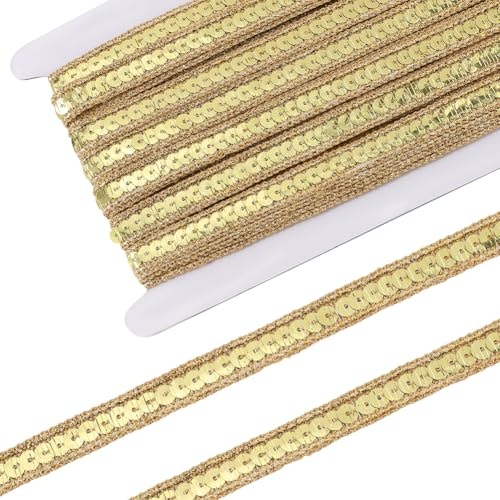 CABODYALS 10.94 yarda de Tiras de Lentejuelas Doradas, Ribete Trenzado de Una Sola filas, Rollo de Lentejuelas Planas con Purpurina, Cintas Metálicas de Una Sola Cara para Decoración de Disfraces de F