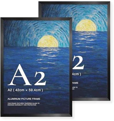 LIVINGTASTE 2 Stück Bilderrahmen A2 - Aluminium Schwarz Rahmen | gebürstet mit gehärtetem Glas fur 42x59.4 cm Fotos Fotorahmen für Poster und Wohnzimmer Kinderzimmer Deko Galerie
