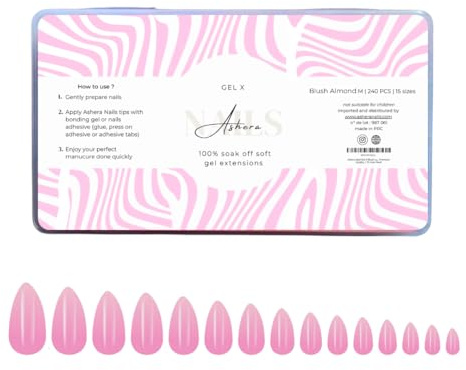 Ashera Nails Capsules Gel-X Amande Blush Medium - 240 Capsules, 15 Tailles - Pose Américaine Semi-Transparente - Faux Ongles Nude Rosé Pêche, Forme Almond