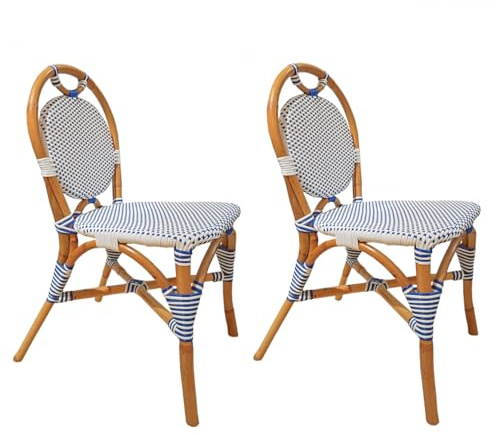 Meubletmoi Set mit 2 Bistrostühlen aus Natur-Rattan, Sitzfläche und Rückenlehne, Schachbrettmuster, Blau / Weiß, synthetisch, geflochten, Retro, Pariser Vintage und Handwerk, Pigalle