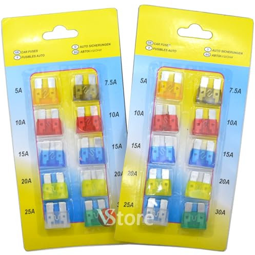 Set di Fusibili per Auto, 20 Pezzi, Assortimento da 5A a 30A, Fusibili a Lama Standard per Auto, Moto, Scooter, Camper, SUV